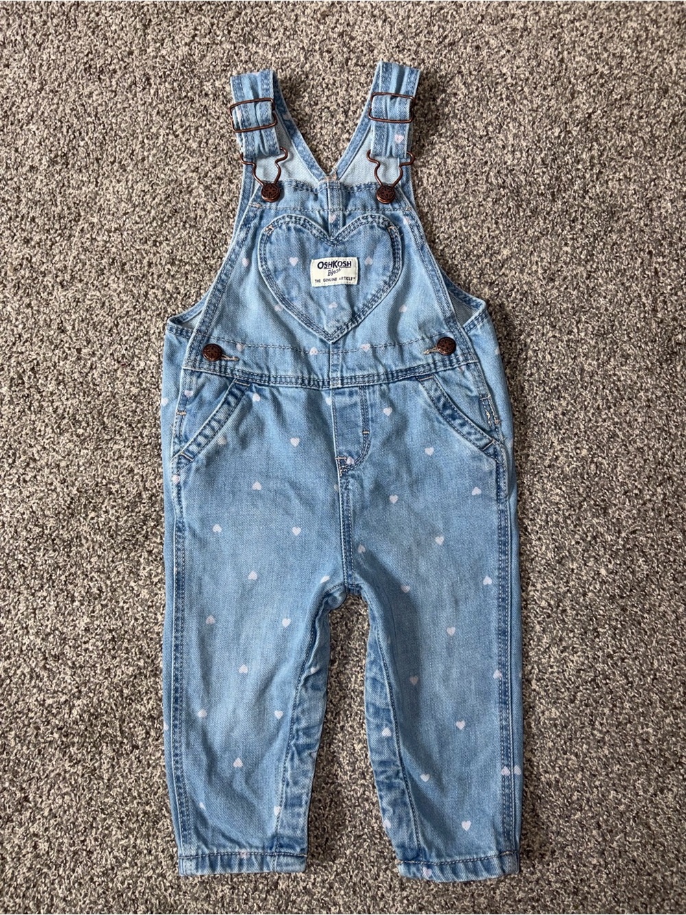 OshKosh B'gosh Light Blue Denim Overalls with Heart Pocket 12M Baby Jeans
